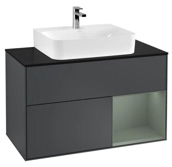 Тумба під раковину Villeroy & Boch Finion 100х50,1 см з підсвічуванням темно-синій матовий лак/оливковий матовий лак/скло чорне матове F122GMHG