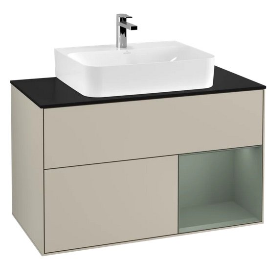 Тумба под раковину Villeroy & Boch Finion 100х50,1 см с подсветкой МДФ песок матовый лак/оливковый матовый лак/стекло черное матовое F122GMHH