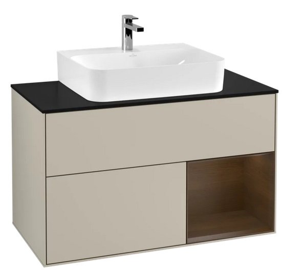 Тумба под раковину Villeroy & Boch Finion 100х50,1 см с подсветкой МДФ песок матовый лак/шпон грецкого ореха/стекло черное матовое F122GNHH