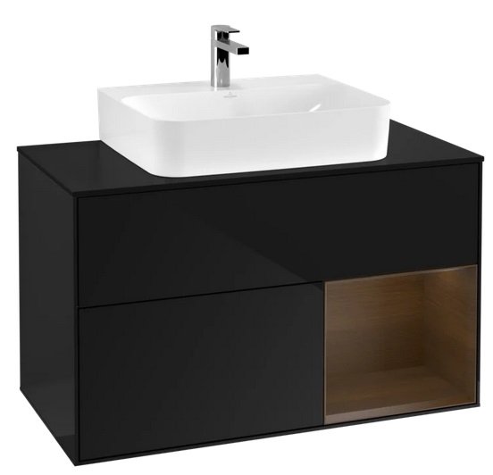 Тумба под раковину Villeroy & Boch Finion 100х50,1 см с подсветкой МДФ глянцевый черный лак/шпон грецкого ореха/стекло черное матовое F122GNPH