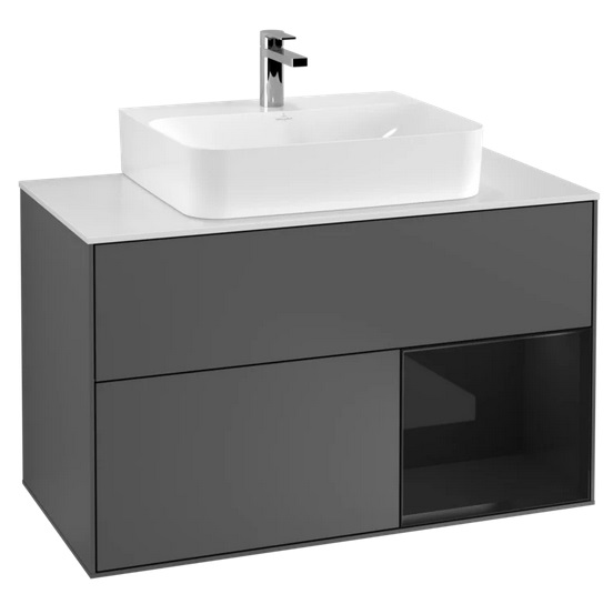 Тумба под раковину Villeroy & Boch Finion 100х50,1 см с подсветкой МДФ антрацит матовый лак/глянцевый черный лак/стекло белое матовое F121PHGK