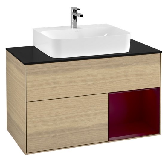 Тумба під раковину Villeroy & Boch Finion 100х50,1 см з підсвічуванням ДСП шпон дуба/півон матовий лак/скло чорне матове F122HBPC