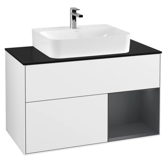 Тумба під раковину Villeroy & Boch Finion 100х50,1 см із підсвічуванням МДФ глянсовий білий лак/темно-синій матовий лак/скло чорне матове F122HGGF