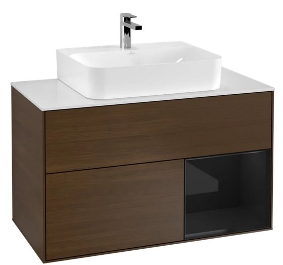 Тумба під раковину Villeroy & Boch Finion 100х50,1 см із підсвічуванням ДСП шпон волоського горіха/глянцевий чорний лак/скло біле матове F121PHGN