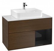 Тумба під раковину Villeroy & Boch Finion 100х50,1 см із підсвічуванням ДСП шпон волоського горіха/глянцевий чорний лак/скло біле матове F121PHGN