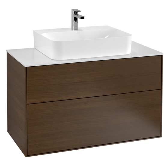 Тумба под раковину Villeroy & Boch Finion 100х50,1 см с подсветкой ДСП шпон грецкого ореха/стекло белое матовое G10100GN