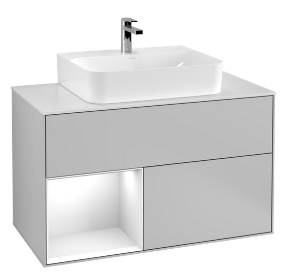 Тумба под раковину Villeroy & Boch Finion 100х50,1 см с подсветкой МДФ светло-серый матовый лак/глянцевый белый лак/стекло белое матовое F111GFGJ