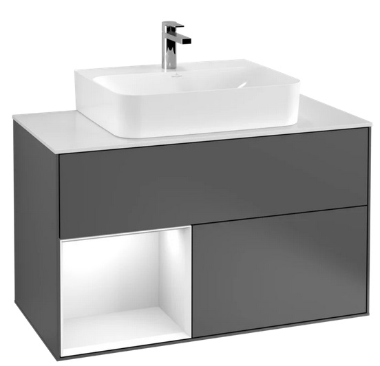 Тумба під раковину Villeroy & Boch Finion 100х50,1 см із підсвічуванням МДФ антрацит матовий лак/глянцевий білий лак/скло біле матове F111GFGK