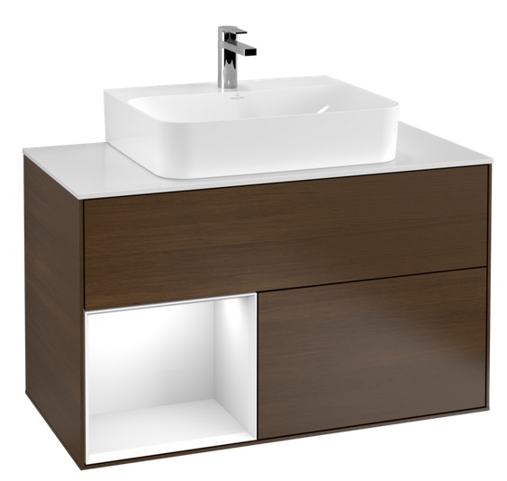 Тумба під раковину Villeroy & Boch Finion 100х50,1 см з підсвічуванням ДСП шпон волоського горіха/білий глянцевий лак/скло біле матове F111GFGN