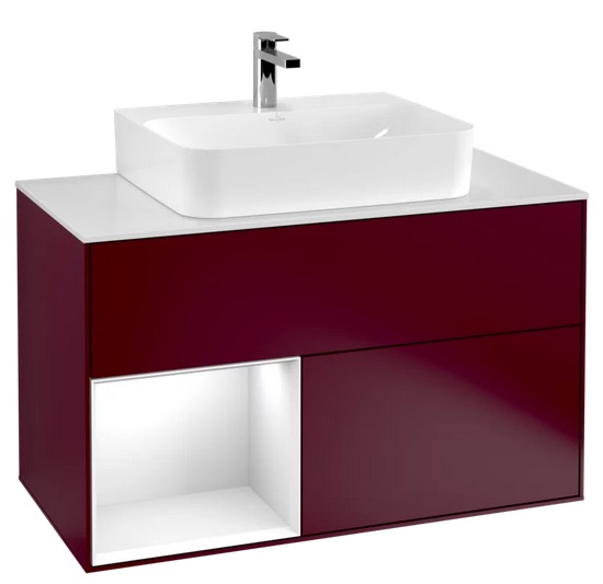 Тумба под раковину Villeroy & Boch Finion 100х50,1 см с подсветкой МДФ пион матовый лак/глянцевый белый лак/стекло белое матовое F111GFHB