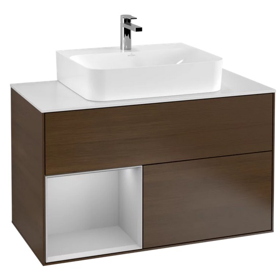 Тумба под раковину Villeroy & Boch Finion 100х50,1 см с подсветкой ДСП шпон грецкого ореха/светло-серый матовый лак/стекло белое матовое F111GJGN