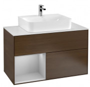 Тумба під раковину Villeroy & Boch Finion 100х50,1 см з підсвічуванням ДСП шпон волоського горіха/світло-сірий матовий лак/скло біле матове F111GJGN