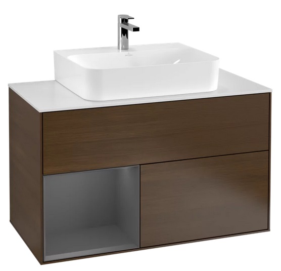 Тумба під раковину Villeroy & Boch Finion 100х50,1 см з підсвічуванням ДСП шпон волоського горіха/антрацит матовий лак/скло біле матове F111GKGN