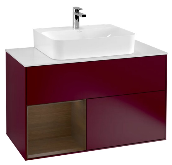 Тумба под раковину Villeroy & Boch Finion 100х50,1 см с подсветкой МДФ пион матовый лак/шпон грецкого ореха/стекло белое матовое F111GNHB