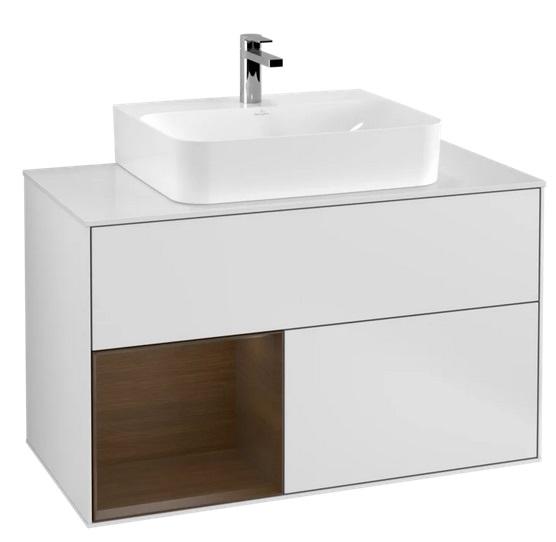 Тумба під раковину Villeroy & Boch Finion 100х50,1 см з підсвічуванням МДФ білий матовий лак/шпон волоського горіха/скло біле матове F111GNMT