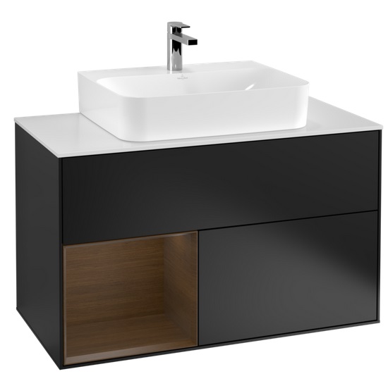 Тумба под раковину Villeroy & Boch Finion 100х50,1 см с подсветкой МДФ черный матовый лак/шпон грецкого ореха/стекло белое матовое F111GNPD