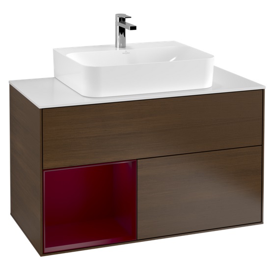 Тумба под раковину Villeroy & Boch Finion 100х50,1 см с подсветкой ДСП шпон грецкого ореха/пион матовый лак/стекло белое матовое F111HBGN