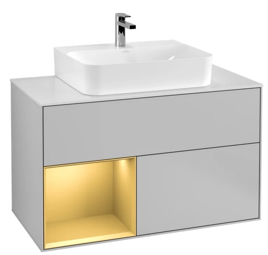 Тумба під раковину Villeroy & Boch Finion 100х50,1 см із підсвічуванням МДФ світло-сірий матовий лак/золотий матовий лак/скло біле матове F111HFGJ