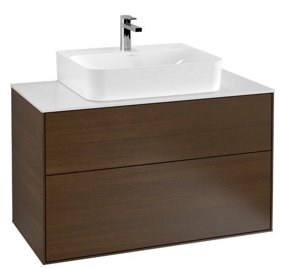 Тумба под раковину Villeroy & Boch Finion 100х50,1 см с подсветкой ДСП шпон грецкого ореха/стекло белое матовое G10100GN