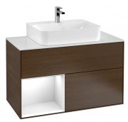 Тумба под раковину Villeroy & Boch Finion 100х50,1 см с подсветкой ДСП шпон грецкого ореха/глянцевый белый лак/стекло белое матовое F111GFGN