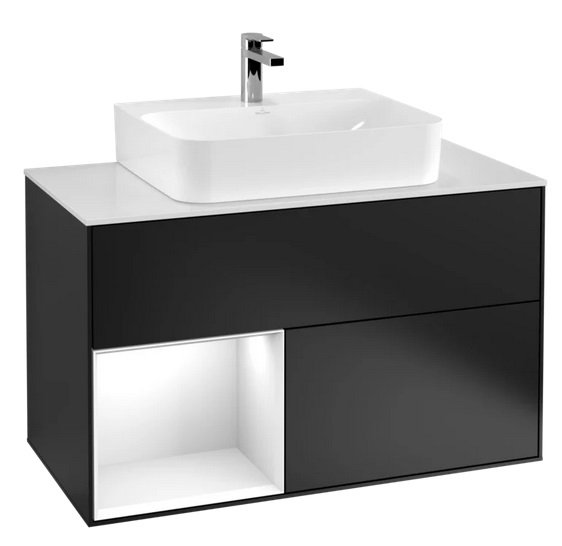 Тумба под раковину Villeroy & Boch Finion 100х50,1 см с подсветкой МДФ черный матовый лак/глянцевый белый лак/стекло белое матовое F111GFPD