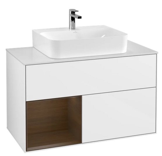 Тумба под раковину Villeroy & Boch Finion 100х50,1 см с подсветкой МДФ глянцевый белый лак/шпон грецкого ореха/стекло белое матовое F111GNGF