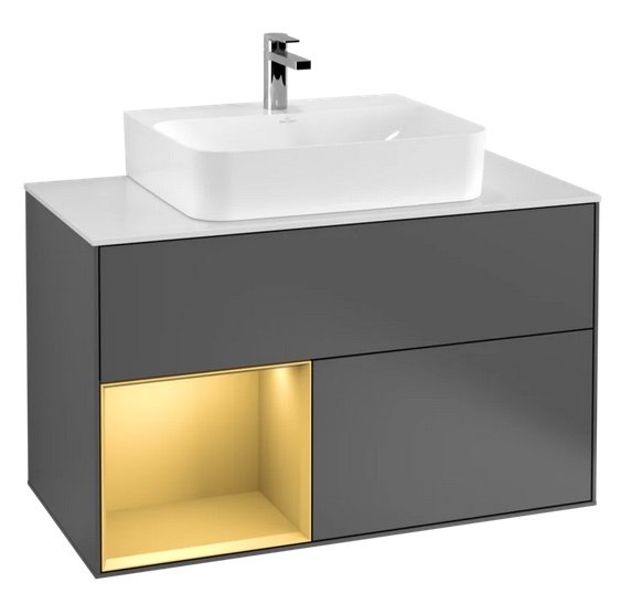 Тумба під раковину Villeroy & Boch Finion 100х50,1 см із підсвічуванням МДФ антрацит матовий лак/золотий матовий лак/скло біле матове F111HFGK