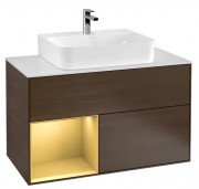 Тумба под раковину Villeroy & Boch Finion 100х50,1 см с подсветкой ДСП шпон грецкого ореха/золотой матовый лак/стекло белое матовое F111HFGN