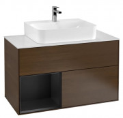 Тумба под раковину Villeroy & Boch Finion 100х50,1 см с подсветкой ДСП шпон грецкого ореха/черный матовый лак/стекло белое матовое F111PDGN