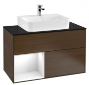 Тумба под раковину Villeroy & Boch Finion 100х50,1 см с подсветкой ДСП шпон грецкого ореха/глянцевый белый лак/стекло черное матовое F112GFGN