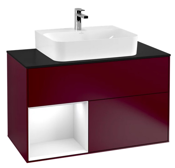 Тумба под раковину Villeroy & Boch Finion 100х50,1 см с подсветкой МДФ пион матовый лак/глянцевый белый лак/стекло черное матовое F112GFHB