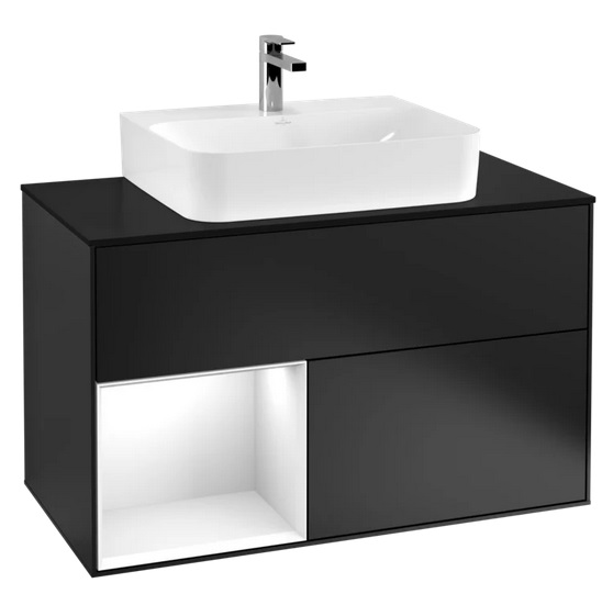 Тумба под раковину Villeroy & Boch Finion 100х50,1 см с подсветкой МДФ черный матовый лак/глянцевый белый лак/стекло черное матовое F112GFPD