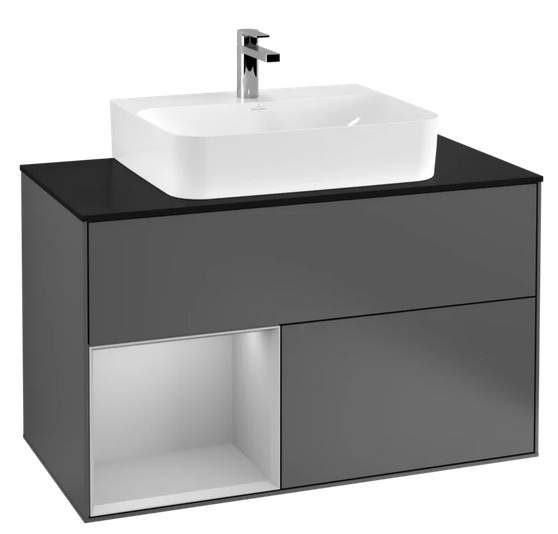 Тумба под раковину Villeroy & Boch Finion 100х50,1 см с подсветкой МДФ антрацит матовый лак/светло-серый матовый лак/стекло черное матовое F112GJGK