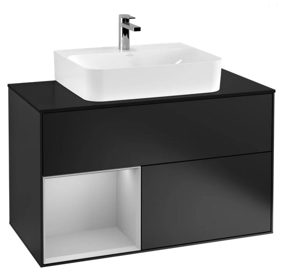 Тумба під раковину Villeroy & Boch Finion 100х50,1 см із підсвічуванням МДФ чорний матовий лак/світло-сірий матовий лак/скло чорне матове F112GJPD