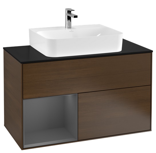 Тумба під раковину Villeroy & Boch Finion 100х50,1 см з підсвічуванням ДСП шпон волоського горіха/антрацит матовий лак/скло чорне матове F112GKGN