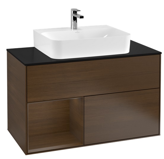 Тумба під раковину Villeroy & Boch Finion 100х50,1 см із підсвічуванням ДСП шпон волоського горіха/скло чорне матове F112GNGN