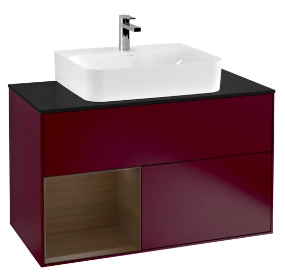 Тумба под раковину Villeroy & Boch Finion 100х50,1 см с подсветкой МДФ пион матовый лак/шпон грецкого ореха/стекло черное матовое F112GNHB