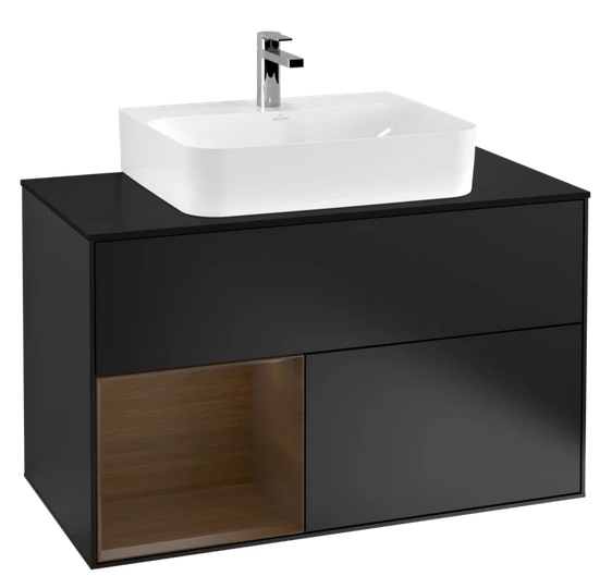 Тумба под раковину Villeroy & Boch Finion 100х50,1 см с подсветкой МДФ черный матовый лак/шпон грецкого ореха/стекло черное матовое F112GNPD