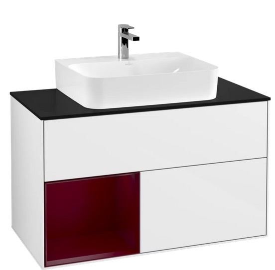 Тумба под раковину Villeroy & Boch Finion 100х50,1 см с подсветкой МДФ глянцевый белый лак/пион матовый лак/стекло черное матовое F112HBGF