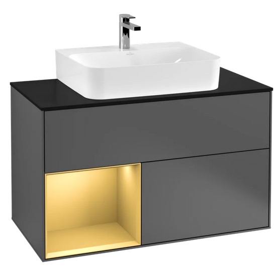 Тумба под раковину Villeroy & Boch Finion 100х50,1 см с подсветкой МДФ антрацит матовый лак/золотой матовый лак/стекло черное матовое F112HFGK