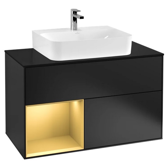 Тумба под раковину Villeroy & Boch Finion 100х50,1 см с подсветкой МДФ черный матовый лак/золотой матовый лак/стекло черное матовое F112HFPD