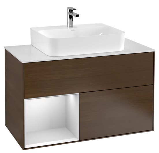 Тумба под раковину Villeroy & Boch Finion 100х50,1 см с подсветкой ДСП шпон грецкого ореха/белый матовый лак/стекло белое матовое F111MTGN