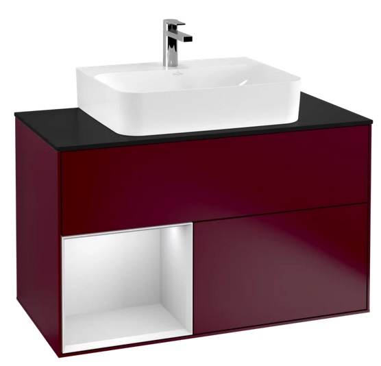 Тумба под раковину Villeroy & Boch Finion 100х50,1 см с подсветкой МДФ пион матовый лак/белый матовый лак/стекло черное матовое F112MTHB