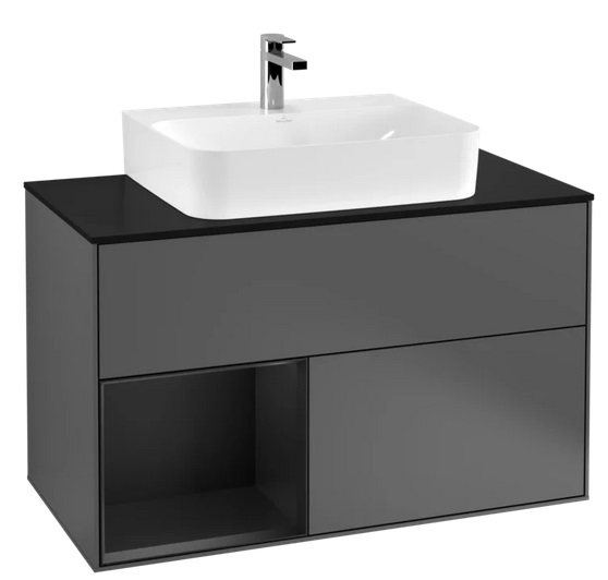 Тумба під раковину Villeroy & Boch Finion 100х50,1 см із підсвічуванням МДФ антрацит матовий лак/чорний матовий лак/скло чорне матове F112PDGK