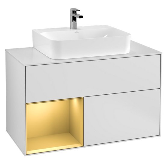 Тумба под раковину Villeroy & Boch Finion 100х50,1 см с подсветкой МДФ белый матовый лак/золотой матовый лак/стекло белое матовое F111HFMT