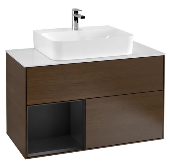 Тумба під раковину Villeroy & Boch Finion 100х50,1 см із підсвічуванням ДСП шпон волоського горіха/чорний матовий лак/скло біле матове F111PDGN