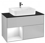 Тумба під раковину Villeroy & Boch Finion 100х50,1 см із підсвічуванням МДФ світло-сірий матовий лак/глянцевий білий лак/скло чорне матове F112GFGJ