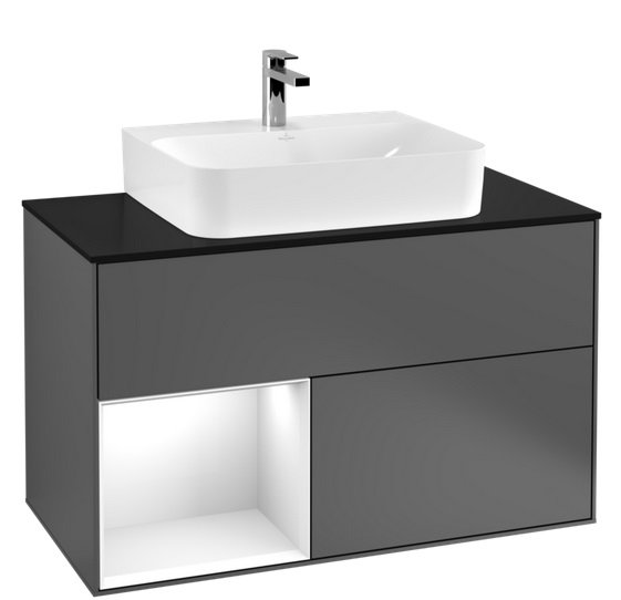 Тумба под раковину Villeroy & Boch Finion 100х50,1 см с подсветкой МДФ антрацит матовый лак/глянцевый белый лак/стекло черное матовое F112GFGK
