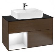 Тумба под раковину Villeroy & Boch Finion 100х50,1 см с подсветкой ДСП шпон грецкого ореха/глянцевый белый лак/стекло черное матовое F112GFGN