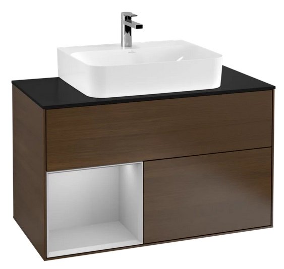 Тумба під раковину Villeroy & Boch Finion 100х50,1 см з підсвічуванням ДСП шпон волоського горіха/світло-сірий матовий лак/скло чорне матове F112GJGN